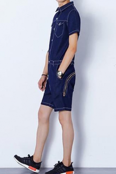 Guys Fashion Contrast Stitching Short Sleeve Lapel Collar Button Front Denim Playsuits Shorts Rompers