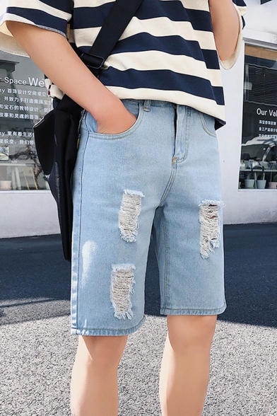 Guys Simple Letter Stripe Rolled Cuff Classic Fit Denim Shorts