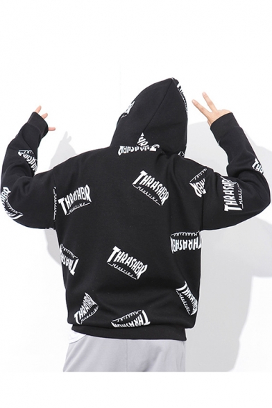 nobrand Casual Street Letter Print Hooded Sweater Men Coat Loose Pullover Cotton Hoodie Black,XXL