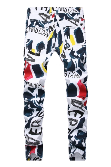 Guys Stylish Street Style Letter Graffiti Printed Stretch Slim Fit White Jeans
