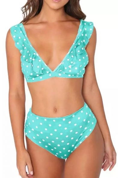 Holiday Sexy Polka Dot Printed Ruffle Design V-Neck Bikini