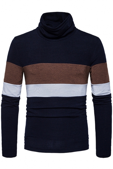 Hot Popular Colorblock British Style Turtleneck Long Sleeve Slim Fit Sweater