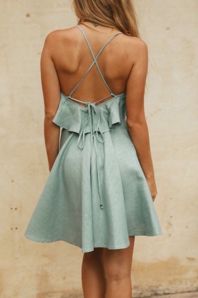 Hot Popular Crisscross Open Back Fashion Plain Ruffle Design Mini Slip A-Line Dress