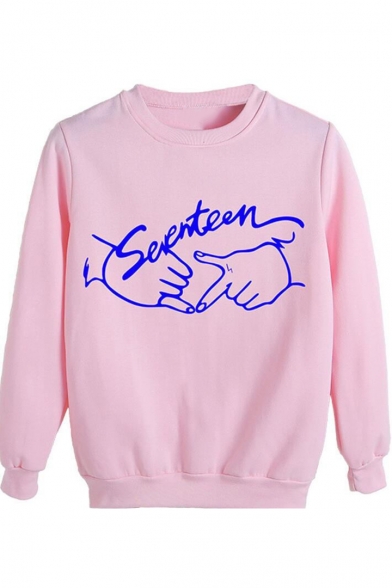Letter SEVENTEEN Handshake Gesture Graphic Print Round Neck Long Sleeve Pullover Cotton Pink Sweatshirt