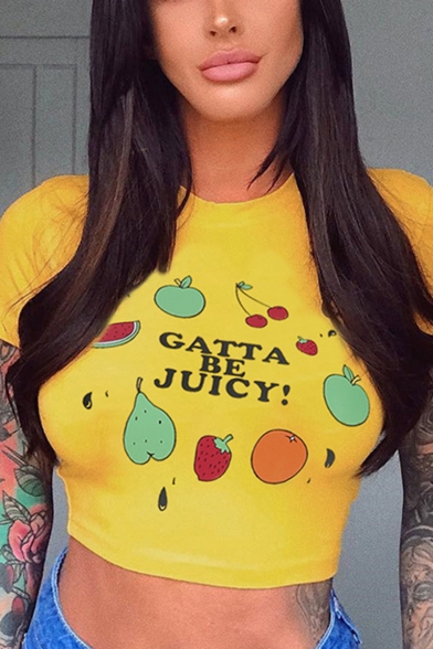 

Lovely Fruits Letter Print Short Sleeve Slim Fit Yellow Cropped T-Shirt, LM511532