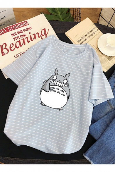 Lovely Totoro Stripes Printed Short Sleeve Loose Fit Cotton T-Shirt