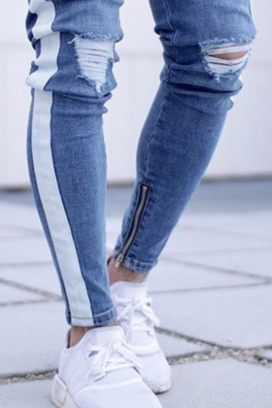 Men's New Stylish Cool Tape Side Zip-Embellished Cuff Ripped Jeans in Light Blue