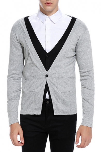 Men's New Stylish Patchwork Fake Two-Piece Fitted V-Neck Button Down Cardigan