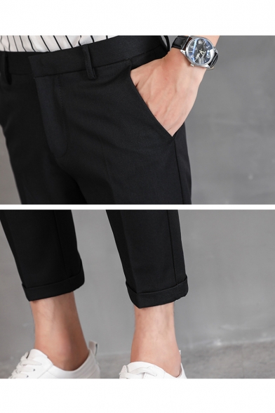 Men's New Stylish Simple Plain Zipper Fly Rolled Cuff Slim Fitted Cropped Dress Pants Suit Pants