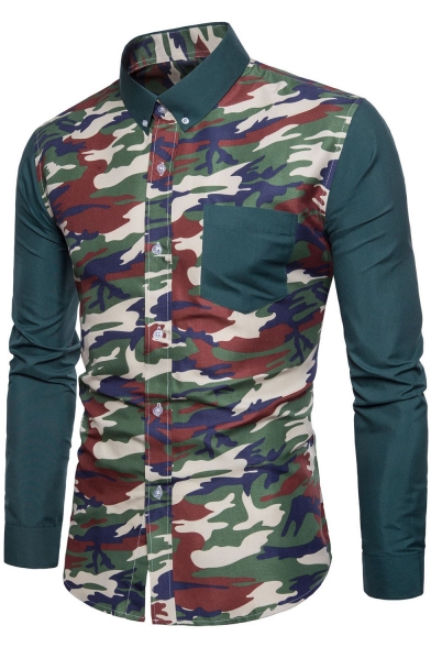 Men's New Trendy Camo Printed One Pocket Long Sleeve Slim Fit Button-Down Shirt