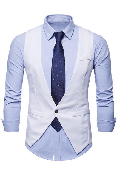 Men's Plain Single Button V-Neck Belt Back Casual Business Waistcoat