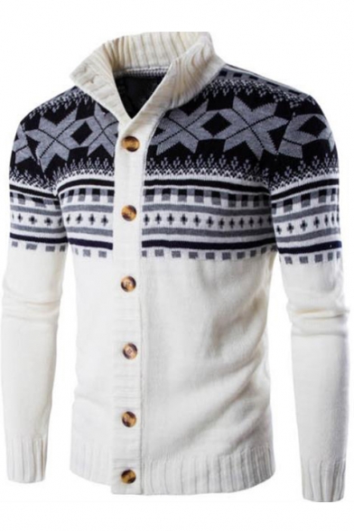 Men's Retro Tribal Printed Stand-Collar Long Sleeve Button Down Cardigan