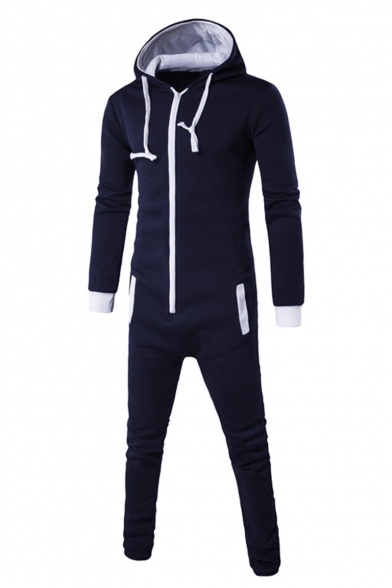Men's Simple Solid Color Long Sleeve Hooded Zip Up Sport Loose Fitted Hoodie Jumpsuits