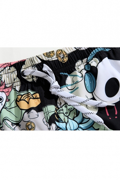 Mens Fashion Cartoon Cloud Panda Printed Drawstring Waist Summer Beach Shorts Black Swim Trunks