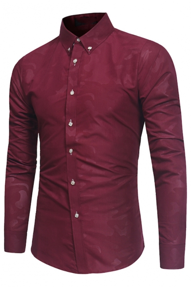 Mens Fashion Dark Grain Camo Printed Long Sleeve Slim Fit Button Down Shirt
