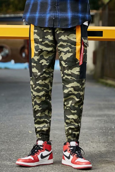 Mens Fashion Green Camouflage Printed Drawstring Waist Cotton Outdoor Sport Cargo Pants