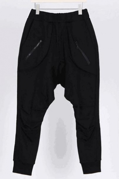 Mens Fashion Solid Color Zipper Pockets Casual Cotton Sweatpants Drop-Crotch Harem Pants