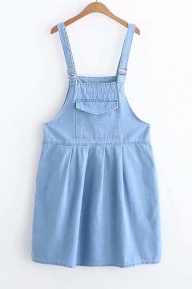 New Fashion Solid Big Pocket Patched Overall Light Blue Mini Pleated Denim Dress