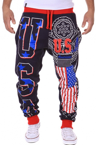 New Stylish Cool Letter USA American Flag Print Drawstring Waist Casual Sweatpants for Guys