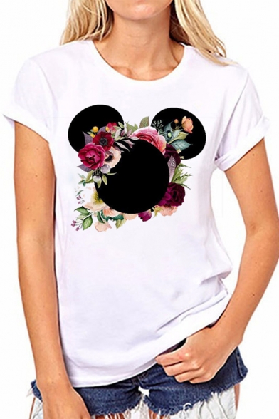 New Stylish Floral Pattern Round Neck Short Sleeve White T-Shirt