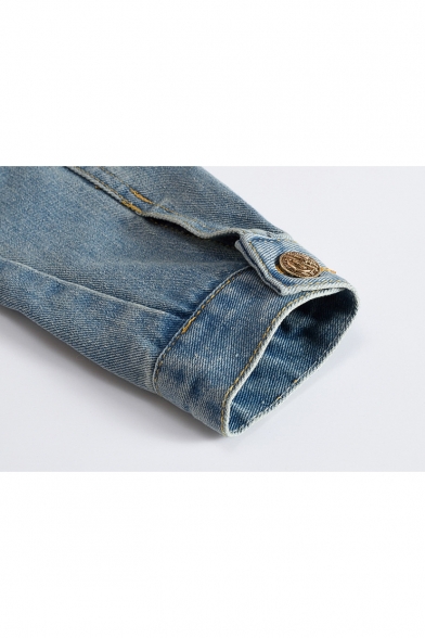 New Stylish Ripped Details Long Sleeve Slim Fit Light Blue Denim Jacket for Men