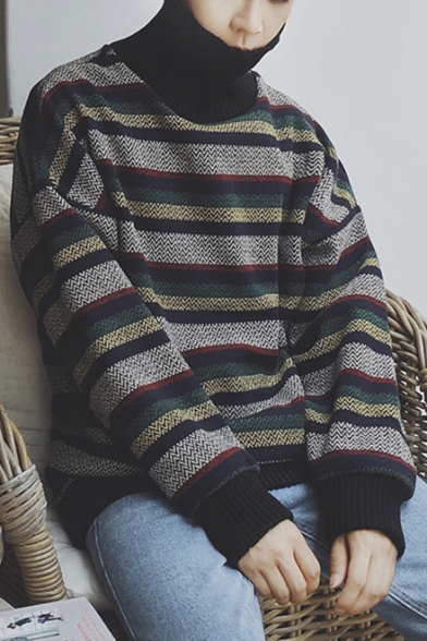 New Trendy Color Block Striped Turtleneck Long Sleeve Pullover Sweater for Guys