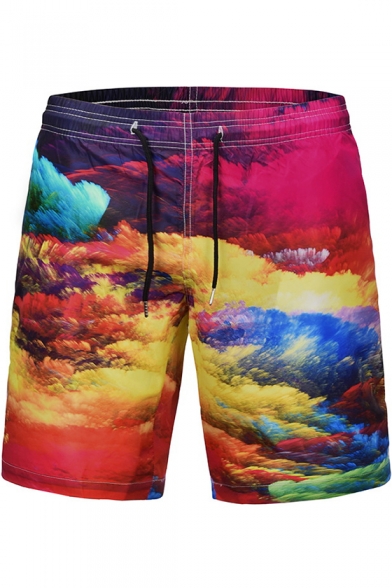 New Trendy Colorful Cloud 3D Printing Drawstring Waist Mens Quick-Dry Casual Loose Beach Shorts