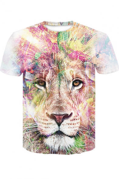 New Trendy Colorful Lion Painting Short Sleeve White T-Shirt for Men