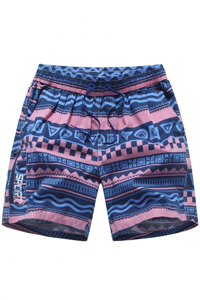 New Trendy Tribal Geometric Printed Guys Drawstring-Waist Holiday Beach Swim Trunks