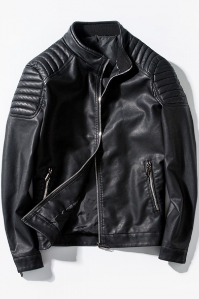 Punk Style Plain Stand Collar Long Sleeve Quilted Detailing Zipper Pockets PU Biker Jacket