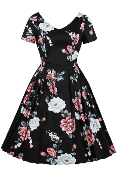 Retro Black Floral Printed V-Neck Short Sleeves Midi Fit and Flared Dress