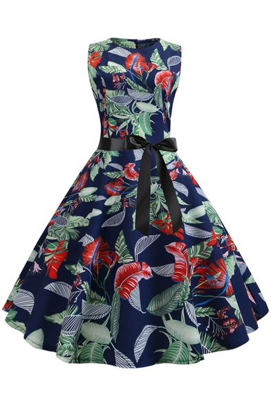 

Retro Floral Tropical Printed Round Neck Sleeveless Bow-Tied Waist Blue Midi Flare Dress, LM511075