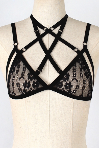 Sexy Hollow Out Black Lace Crisscross Straps Harness Bra Top