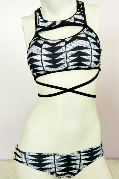 Sexy Trendy Geometric Printed Crisscross Cutout Sleeveless Bikini