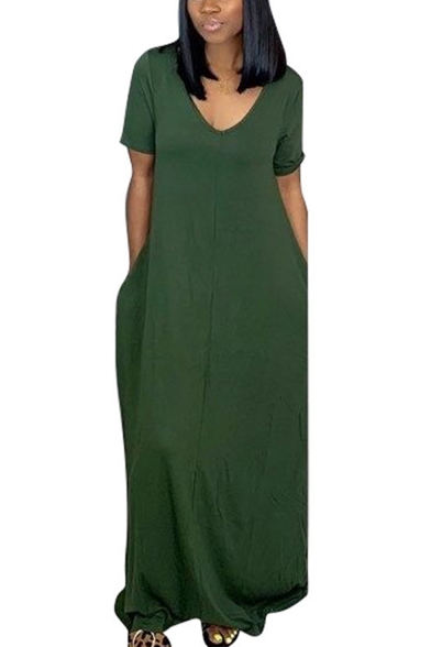 Simple Plain Loose Casual Short Sleeve Maxi T-Shirt Dress with Pockets