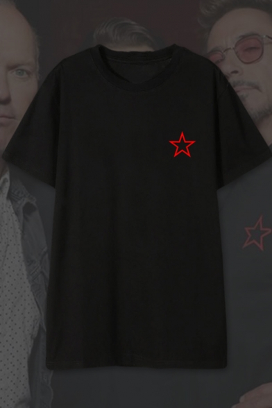 Simple Star Pattern Basic Short Sleeve Round Neck Black T-Shirt