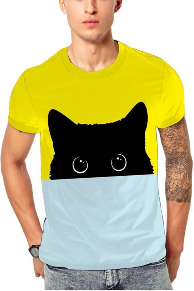 Summer Cartoon 3D Cat Print Colorblocked Round Neck Short Sleeve Unisex T-Shirt