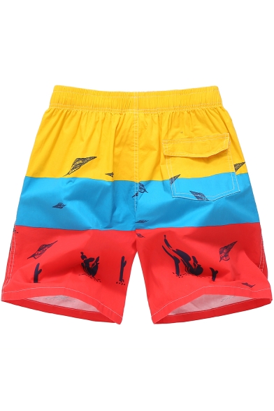 Summer Colorblock Halobios Printed Drawstring-Waist Mens Beach Shorts Swim Trunks