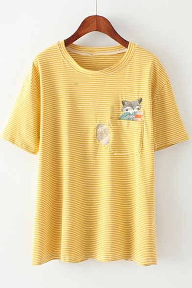 Summer Cute Cat Pocket Short Sleeve Round Neck Classic Stripe T-Shirt