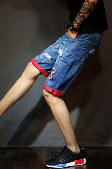 Summer Guys Unique Cartoon Printed Distressed Ripped Rolled Cuff Blue Casual Denim Shorts