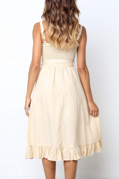 Summer Trendy Plain Sleeveless Bow-Tied Waist Midi A-Line Dress