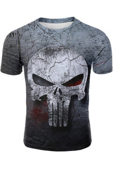 The Skull Pattern Round Neck Short Sleeve Loose Fit Grey T-Shirt