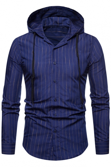 Trendy Vertical Striped Print Button-Up Drawstring Hoodies Shirt for Men