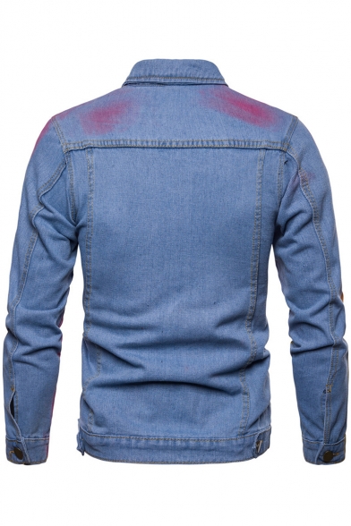 Unique Cool Colorful Splash Ink Print Double Pocket Front Button Front Blue Denim Jacket for Men