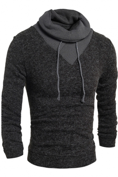 Unique Fashion Drawstring Turtleneck Dark Grey Slim Fit Marled Knit Jumper Sweater for Men