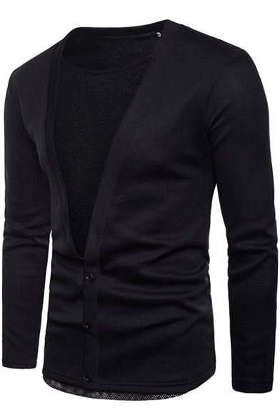 Unique Fashion Mesh Panel Fake Two-Piece V-Neck Plain Button Down Fitted Cardigan for Men