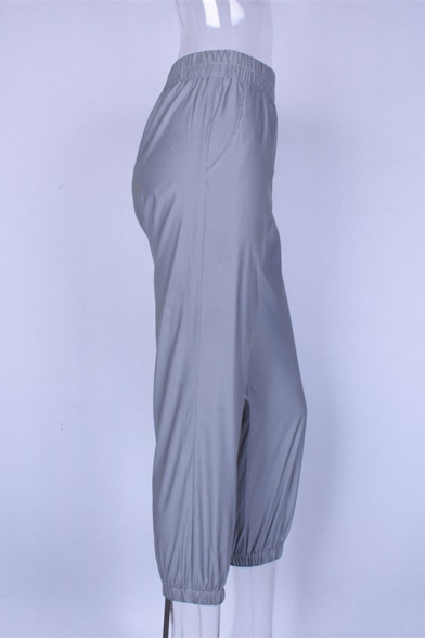 Women's New Stylish Elastic Waist Reflective Light Gray Sports Track Pants
