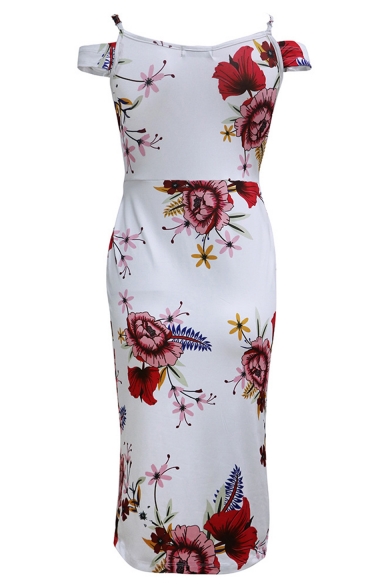 Women's Retro Floral Printed Cold Shoulder Mini Slip Bodycon Dress