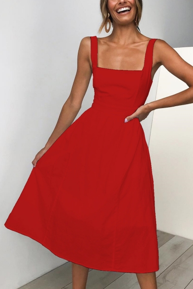 Women's Trendy Simple Plain Sleeveless Retro Square Neck Midi A-Line Cami Dress