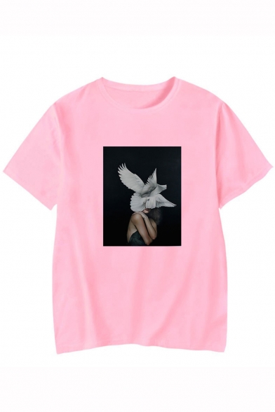 Aesthetics Stylish Figure Birds Printed Round Neck Short Sleeve Unisex Loose T-Shirt